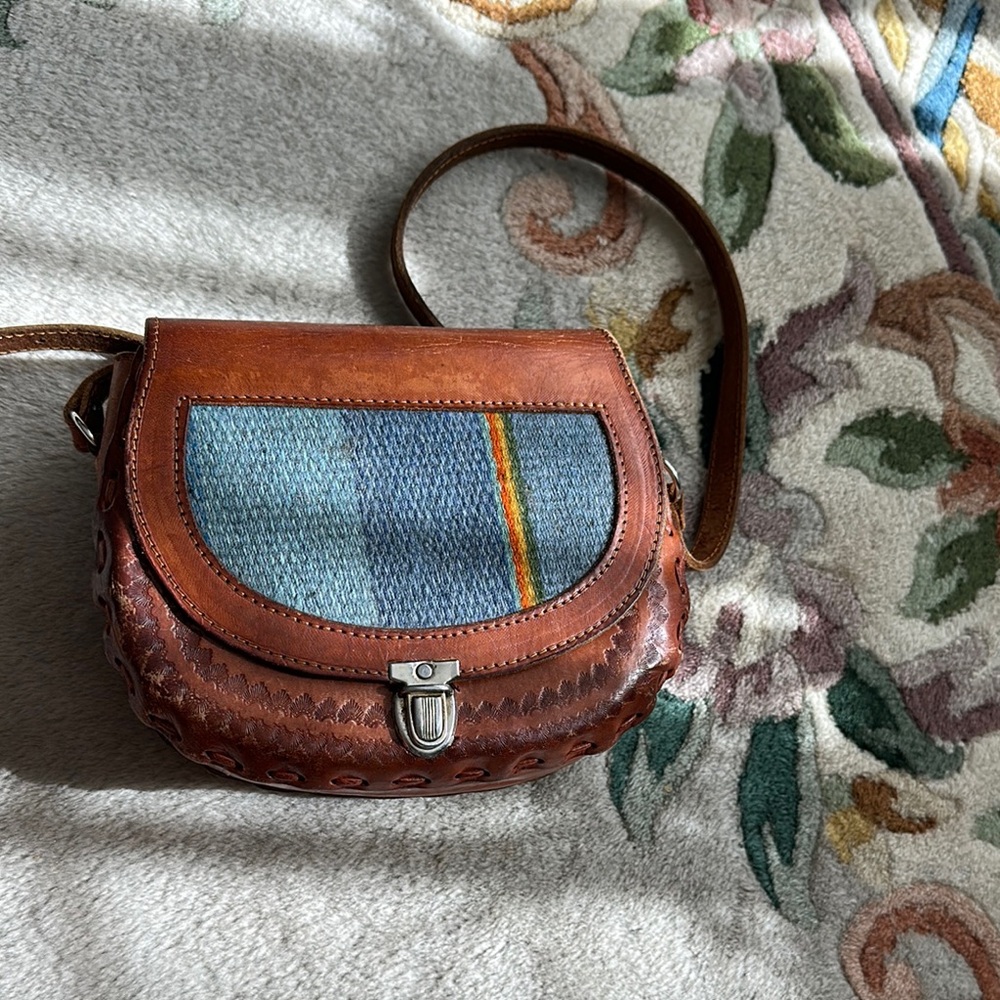 Brown and Blue Leather Crossbody Bag